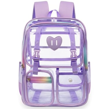 Ujemin Clear Backpack for Girls Women Heavy Duty Transparent Bookbag School Backpack with Mesh Pockets Stadium Approved See Through Backpack Purple