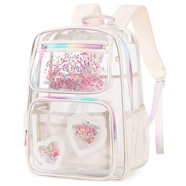 KIDNUO Clear Backpack for GirlsClear Bookbag Heavy Duty Transparent Backpacks for Stadium Events See Through Back Pack for Kindergarten Elementary Middle High School Offwhite