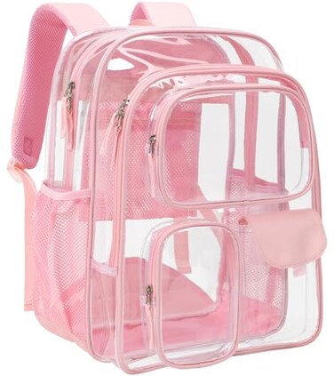 PACKISM Clear Backpack for School 18 Inch Extra Large Heavy Duty Clear Bookbag for Boys See Through PVC Transparent School Backpack with 3 Front Pockets Pink Age 12