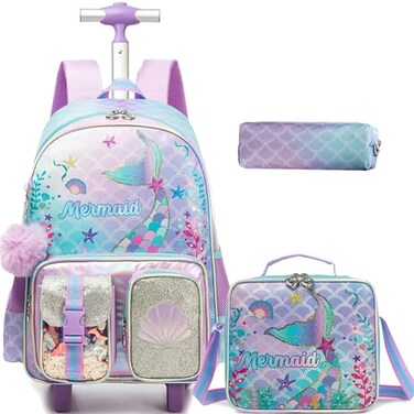 Meetbelify Rolling Backpack for Girls Backpack with Wheels for Elementary Student Kids School Bag with Lunch Box Pencil Case for Girls Ages 68 Years Old Mermaid