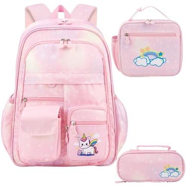 RLXGCZ School Backpack for Girls Rainbow Kids Backpack Cute Backpack for Back to School Laptop Travel Bag 3setsPinks