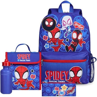Marvel Spiderman Backpack Set 4 Pcs Water Bottle Pencil Case Lunch Bag or Wallet Key Ring School Supplies Gifts for Kids Spidey
