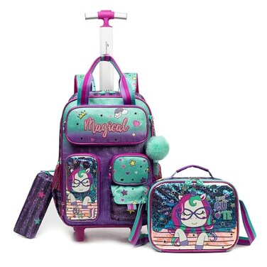 Inprof Unicorn Rolling Backpack for Girls Wheels Backpacks for Elementary Student Kids Wheeled Trolley Trip Luggage with Adjustable Handle