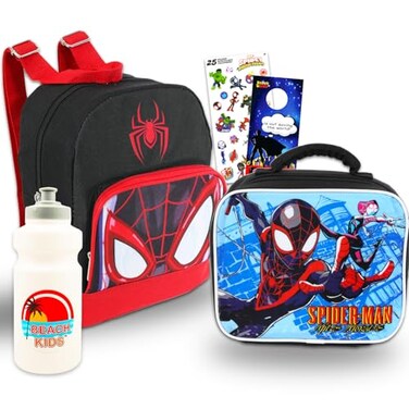 Marvel Miles Morales Mini Backpack with Lunch Box Set Bundle of 10 Spiderman Backpack Lunch Bag Water Bottle Stickers More