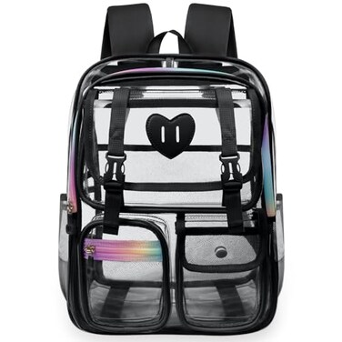 Ujemin Clear Backpack for Girls Women Heavy Duty Transparent Bookbag School Backpack with Mesh Pockets Stadium Approved See Through Backpack Black