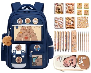 SJIE Waterproof Capybara BackpackLargecapacity includes 36Piece Accessories Pencil case Notebook Sticky notes stickers Gel pen and Others