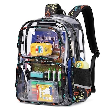 Sisipoet Clear Backpack for School Heavy Duty PVC Transparent Bookbag Funny Kids Backpacks with Game Print Black
