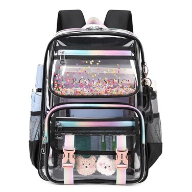 Sisipoet Clear Backpack for School PVC Clear Bookbag Heavy Duty Transparent Backpack for Stadium Events Multiple Pockets See Through Bag for Teens Students Women with Leather Pendant Black Sequin
