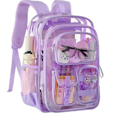 Unineovo Clear Backpack with Pencil Case Heavy Duty PVC Transparent Backpack with Oxford Cloth Bottom Reflective Strips for Primary College Work Stadium Concert Festival