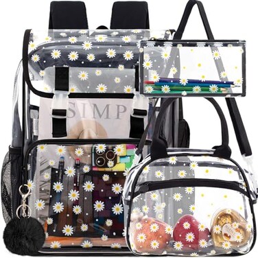 ZLYERT 17 Daisy Clear Backpack for Girls 3Pcs Flip Design Stadium Approved Set Waterproof CampusSchool Transparent Bookbag Black
