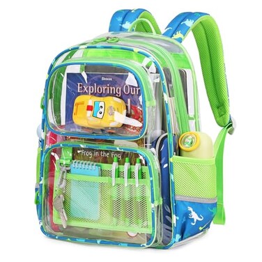 Sisipoet Clear Backpack for School Heavy Duty PVC Transparent Bookbag Funny Kids Backpacks with Dinosaurs Print Green