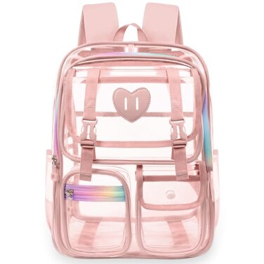 Ujemin Clear Backpack for Girls Women Heavy Duty Transparent Bookbag School Backpack with Mesh Pockets Stadium Approved See Through Backpack Pink