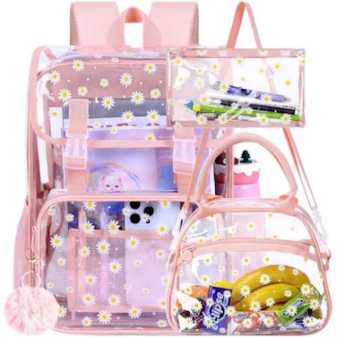 ZLYERT 17 Daisy Clear Backpack for Girls 3Pcs Flip Design Stadium Approved Set GymConcert Transparent Bookbag Pink
