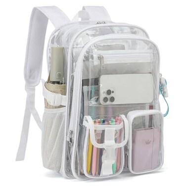 Kouxunt Clear Backpack Heavy Duty Transparent Backpacks Stadium Approved for School Work Sport Travel White