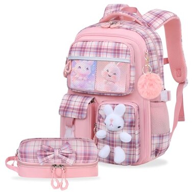 NSEQB Girls Backpack With MultiCompartment Pencil CaseCute Girls School Backpack For KidsChildrens Schoolbag For Kindergarten Elementary PrimaryPink2PCS