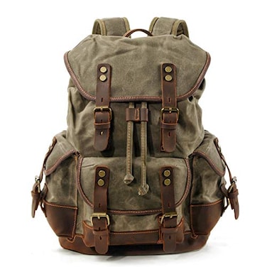 WUDON Men Travel Backpack Genuine LeatherWaxed Canvas Shoulder Hiking Rucksack Green
