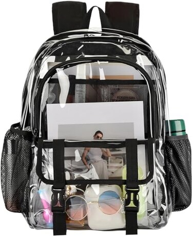 KUI WAN Clear Backpack Large Clear Bag Stadium Heavy Duty PVC Transparent See Through Backpacks for Boys Girls College Work Black