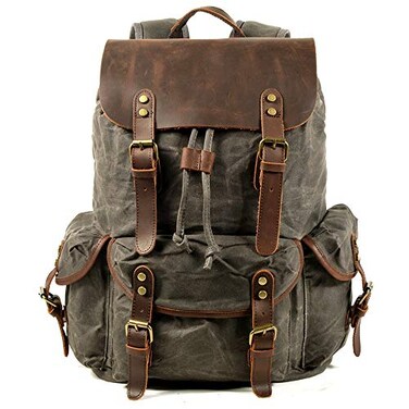 WUDON Leather Backpack for Men Waxed Canvas Shoulder Rucksack CarryOn Travel Backpack Grey