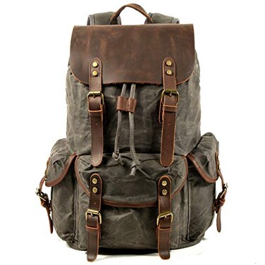 WUDON Leather Backpack for Men Waxed Canvas Shoulder Rucksack CarryOn Travel Backpack GreyOversize Oversize