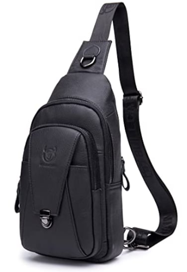 BULLCAPTAIN Leather Sling Bag for Men Multipocket Crossbody Chest Bag Travel Casual Shoulder Backpack Black