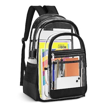 KIMNERPU Clear Backpack Heavy Duty PVC Transparent Backpack with Reinforced Straps See Through Multiple Pockets Large Capacity Bookbag for Concert Work Security Travel Festival Black