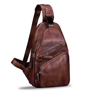IVTG Genuine Leather Sling Bag Chest Shoulder Hiking Backpack Vintage Handmade Crossbody Daypack Coffee OneSize