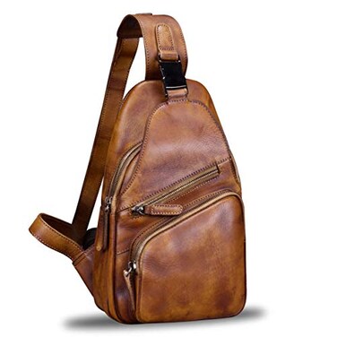 IVTG Genuine Leather Sling Bag Chest Shoulder Hiking Backpack Vintage Handmade Crossbody Daypack Brown OneSize