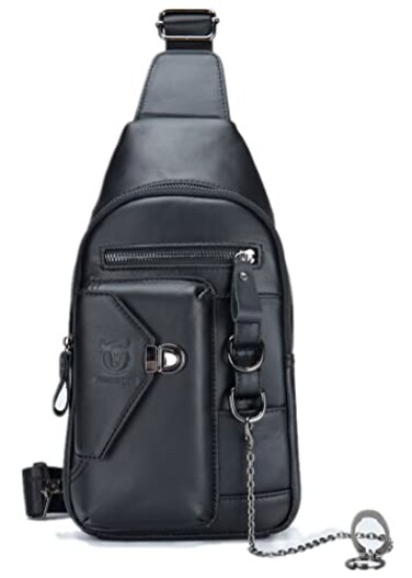 BULLCAPTAIN Genuine Leather Sling Bag for Men Crossbody with Cellphone Stand Chain Chest Shoulder Backpack Daypack XB520 Black