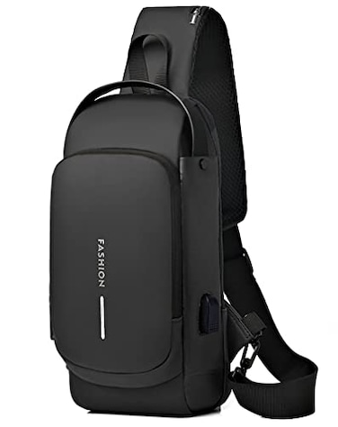 Geanbun Sling Bag for Men AntiTheft USB Crossbody Backpack Waterproof Chest Daypack Lightweight Shoulder Bag Black