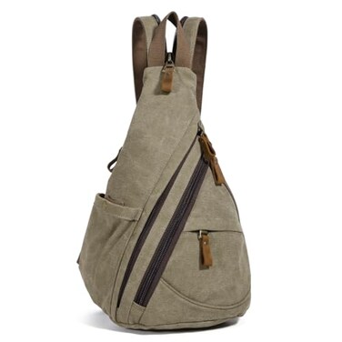 KL928 Canvas Sling Bag Small Crossbody Backpack Shoulder Casual Daypack Rucksack for Men WomenLarge VersionOlive Green