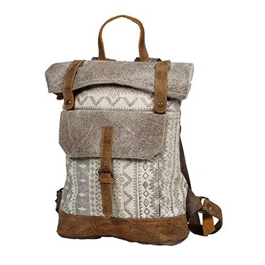 Myra Bag Classy Leather Upcycled Canvas Backpack S1237 135 W x 19 H x 45 D Ivory Brown
