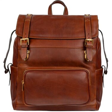 Time Resistance Leather Backpack Full Grain Real Leather Travel Bag and CarryOn Rucksack Cognac Brown