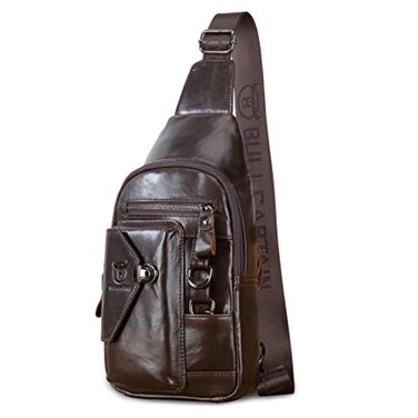 KPYWZER Vintage Genuine Leather Sling Bag Backpack for Men Crossbody with Cellphone Stand Chain Chest Shoulder Crossbody Daypack Coffee