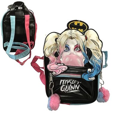 W Lamb William Lamb Harley Quinn Batman Black Faux Leather Backpack Featuring Eye Catching Face Design Black Kids Regular