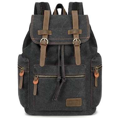 Bluboon Canvas Vintage Backpack Leather Casual Bookbag Men Rucksack Black