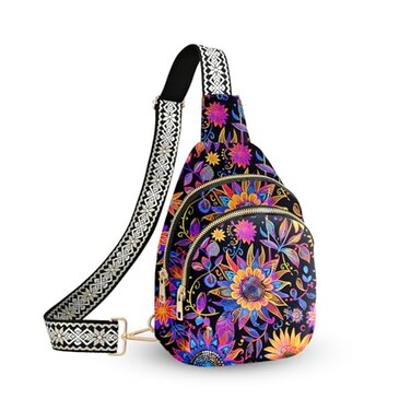 LYEMVHE Flower Leather Sling Bag Small Crossbody Backpack Travel Shoulder Pack Hiking Adjustable Chest Daypack for Women