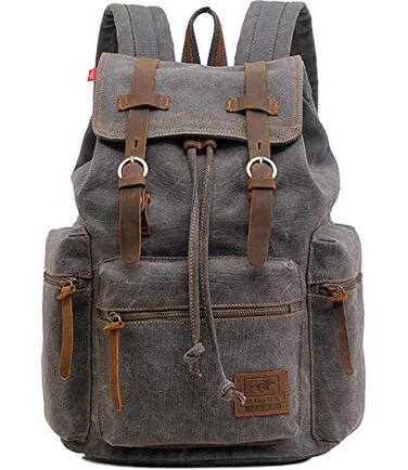HuaChen Vintage Canvas Travel Backpack with Leather Trim Laptop Padded Sleeve Hidden Back Security Pocket Fits 15Inch M32 Gray Large