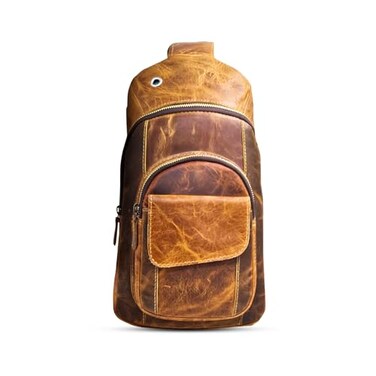 The Tannery Handmade Buffalo Leather Multipurpose Travel Hiking Crossbody Chest Backpack with Adjustable Shoulder Strap Thanks Giving Brown Large