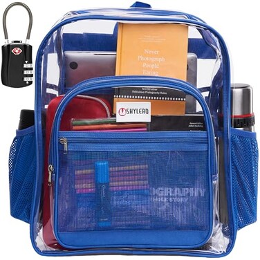 SHYLERO Clear Backpack Heavy Duty has TSA Lock 2WAY Zipper PVC Transparent Backpack Is Extra Large H18xW14xD8 Blue