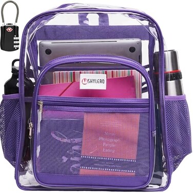 SHYLERO Clear Backpack Heavy Duty has TSA Lock 2WAY Zipper PVC Transparent Backpack Is Extra Large H18xW14xD8 Purple
