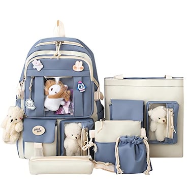 pdghiue 5Piece Aesthetic Kawaii Backpack Set with Kawaii Pin and Pendants Accessories Nylon Material Durable Adorable