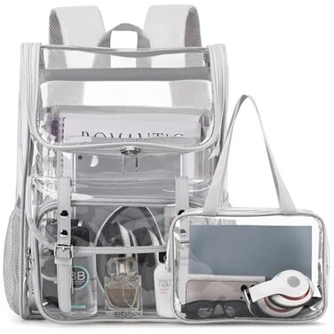 DIGOBAY Clear Backpack with Lunch Bag Set Leather Clear Backpack Heavy Duty Thick PVC Bookbag Large See Through Transparent Backpacks with Support Pad for College Travel Workplace Security Gray