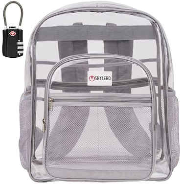 SHYLERO Clear Backpack Heavy Duty has TSA Lock 2WAY Zipper PVC Transparent Backpack Is Extra Large H18xW14xD8 Light Gray
