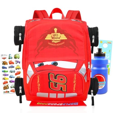 Disney Cars Mini Backpack for Kids Bundle with 14 Lightning McQueen Backpack with Water Bottle Stickers More 3D Lightning McQueen Travel Bag Set for Girls Boys