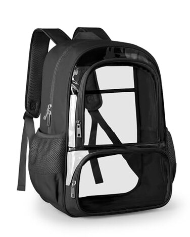 KIMNERPU Clear Backpack Fabric PVC Transparent Backpack with Reinforced Strap for Women Men Heavy Duty Transparent Bookbag Large Capacity Clear Bag Travel Security Black