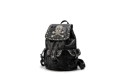 SandraWang Gothic Skull Studded Backpack for Women Men Structured PU Leather Punk Bookbag with Drawstring Flap A4 Tablet Friendly Alternative Fashion Design