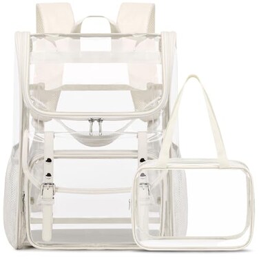 DIGOBAY Clear Backpack with Lunch Bag Set Leather Clear Backpack Heavy Duty Thick PVC Bookbag Fashion See Through Transparent Backpacks with Support Pad for College Travel Work Beige