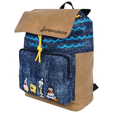 Concept One SpongeBob SquarePants Denim Backpack Cartoon Bag with Flap Adjustable Shoulder Straps Embroidered Character Patches Blue and Yellow