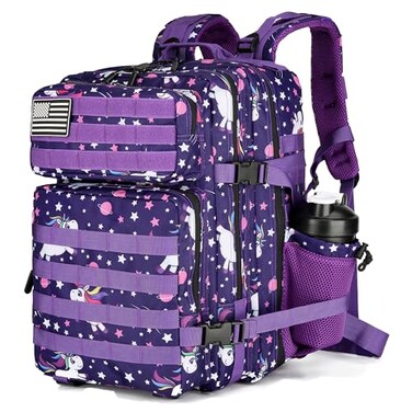 Lovelinks21 25L Tactical Military Backpack Small Travel Rucksack for Men and Women Assault Pack Bug Out Bag Molle Daypack Gym Backpack with Bottle Holder Purple Pony