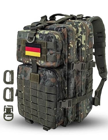 Hannibal Tactical MOLLE Assault Backpack Tactical Backpack Military Army Camping Rucksack 3Day Pack Trip wUSA Flag Patch DRings Flecktarn